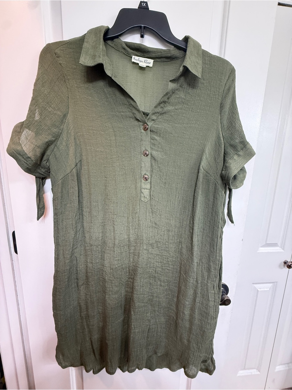 Olive Green Midi Dress with Tie Sleeves